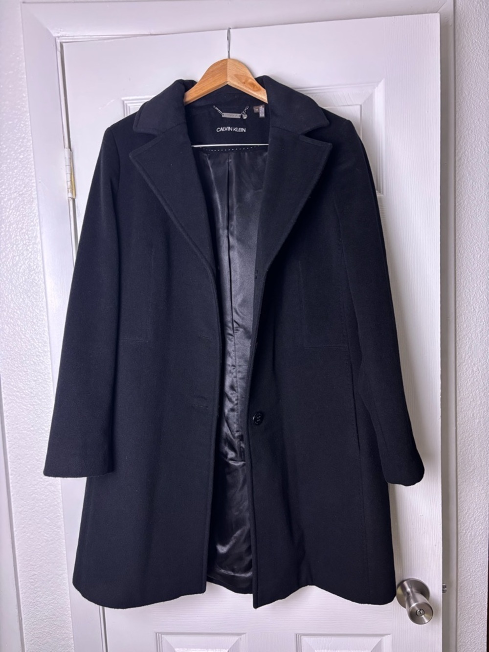 Calvin Klein Black Single-Breasted Wool Trench Coat Women’s Size 14 - Picture 3 of 10